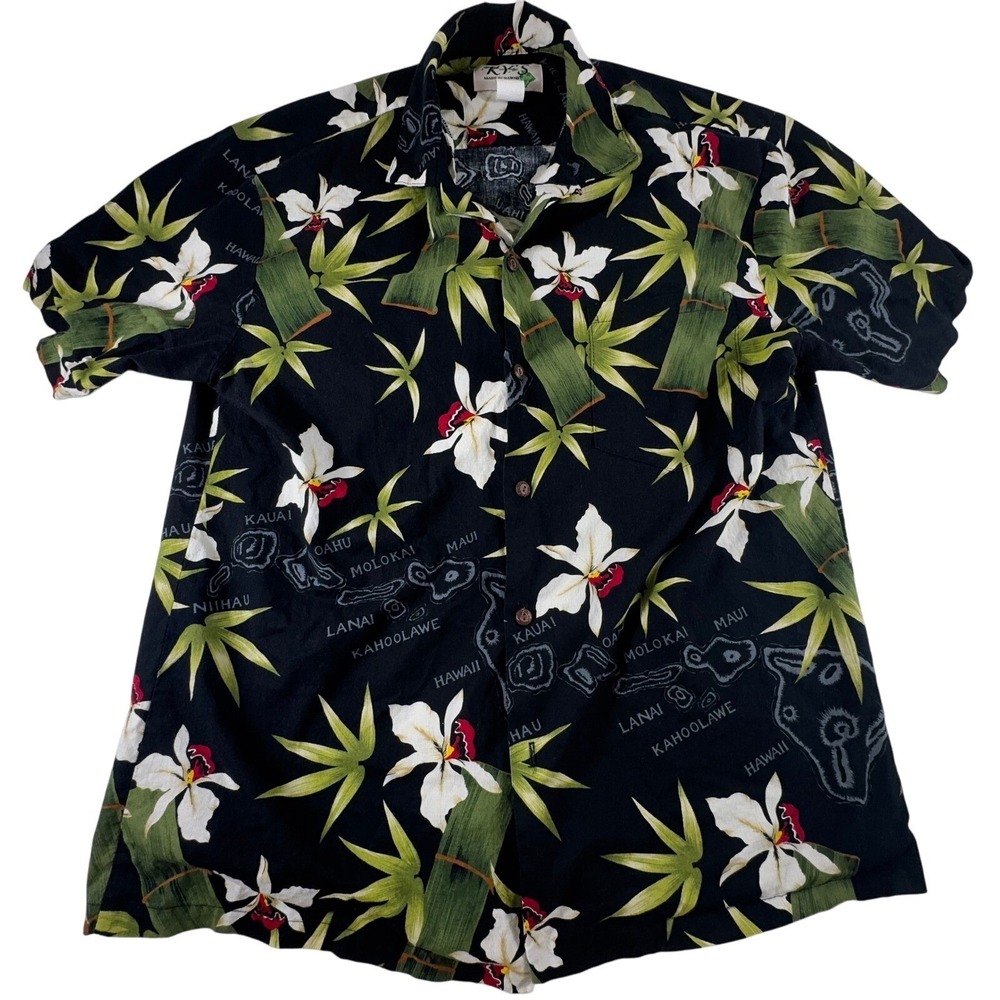 Vintage Ky's Aloha Hawaiian Shirt Men's XL Large‎ Black Floral Cotton USA